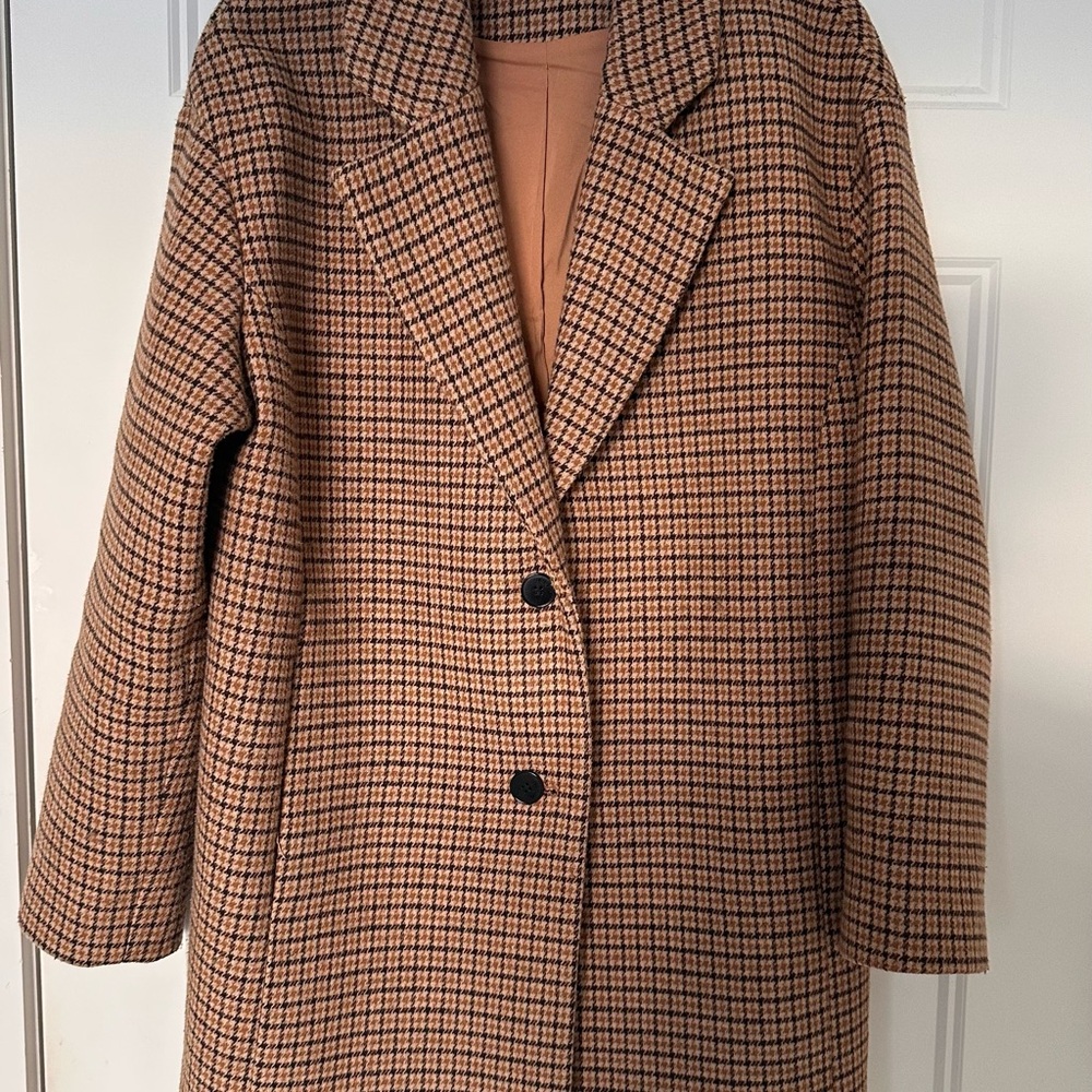 Womens Tan Houndstooth Single-Breasted Coat